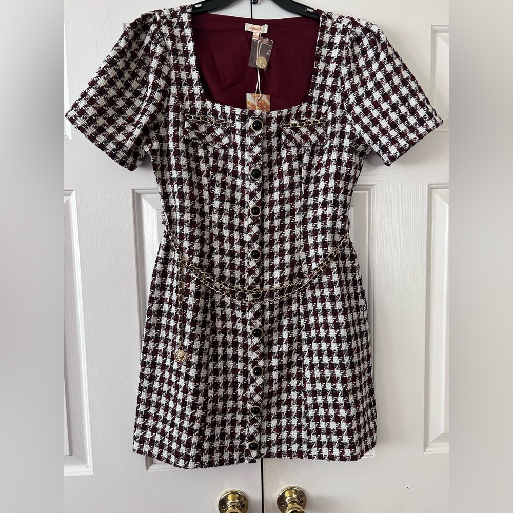 PRICE DROP BNWT tweed button down houndstooth dress with gold belt